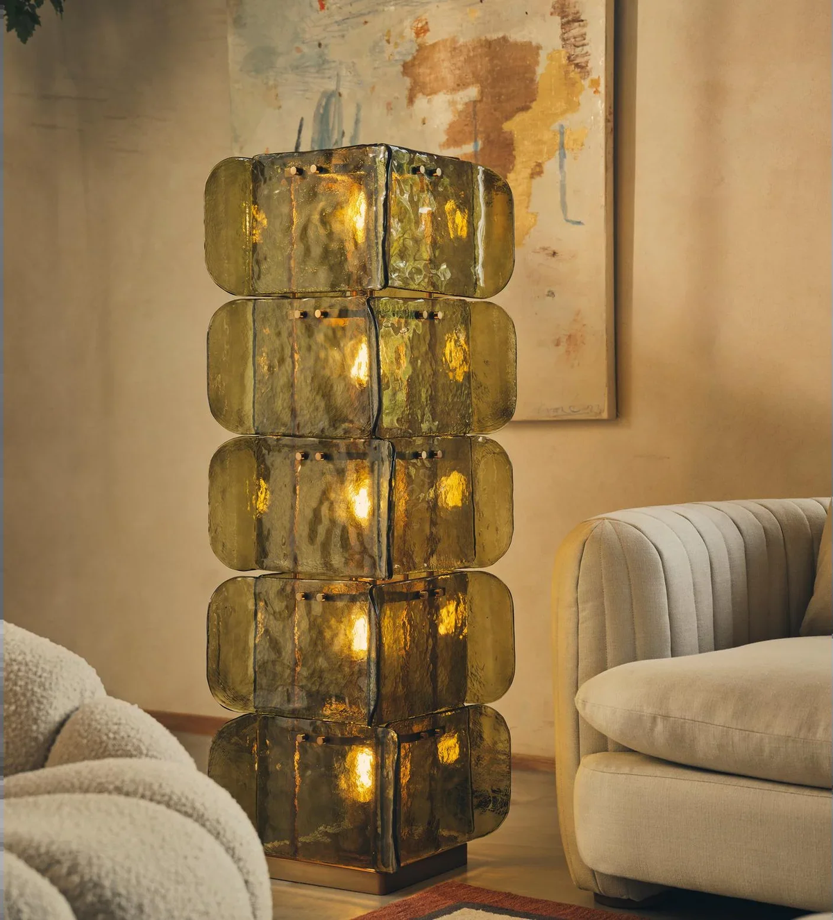 Hand-Blown Green Glass Floor Lamp with Stacked Panels | Mid-Century Statement Light