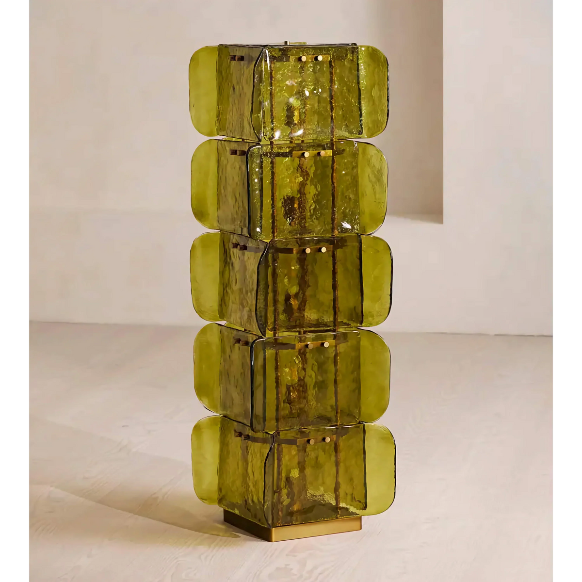 Hand-Blown Green Glass Floor Lamp with Stacked Panels | Mid-Century Statement Light