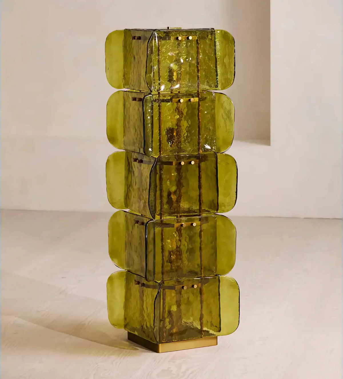 Hand-Blown Green Glass Floor Lamp with Stacked Panels | Mid-Century Statement Light
