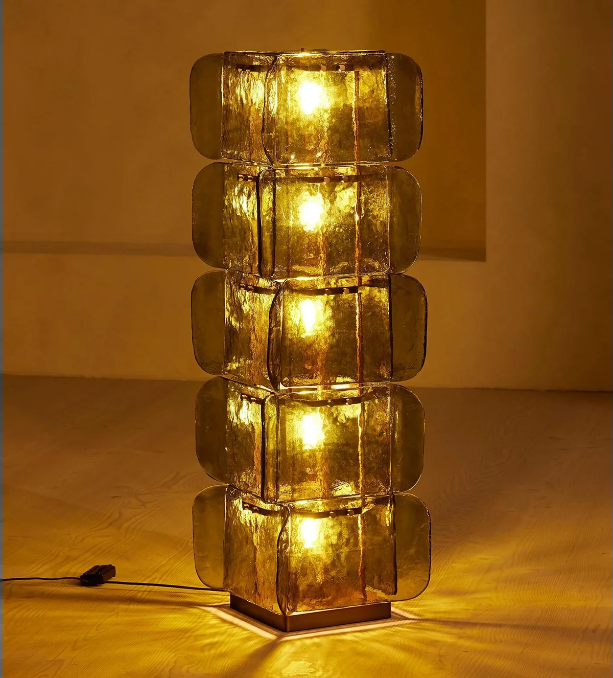 Hand-Blown Green Glass Floor Lamp with Stacked Panels | Mid-Century Statement Light