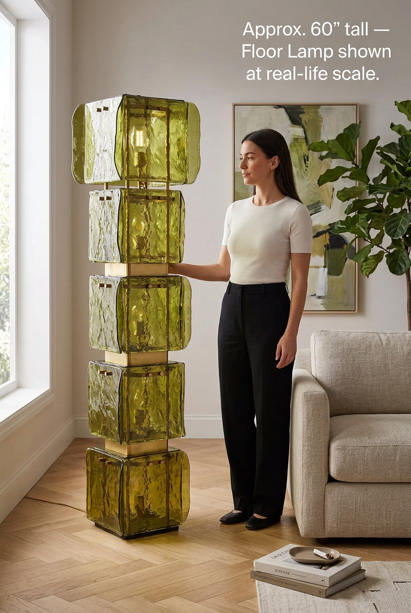 Hand-Blown Green Glass Floor Lamp with Stacked Panels | Mid-Century Statement Light