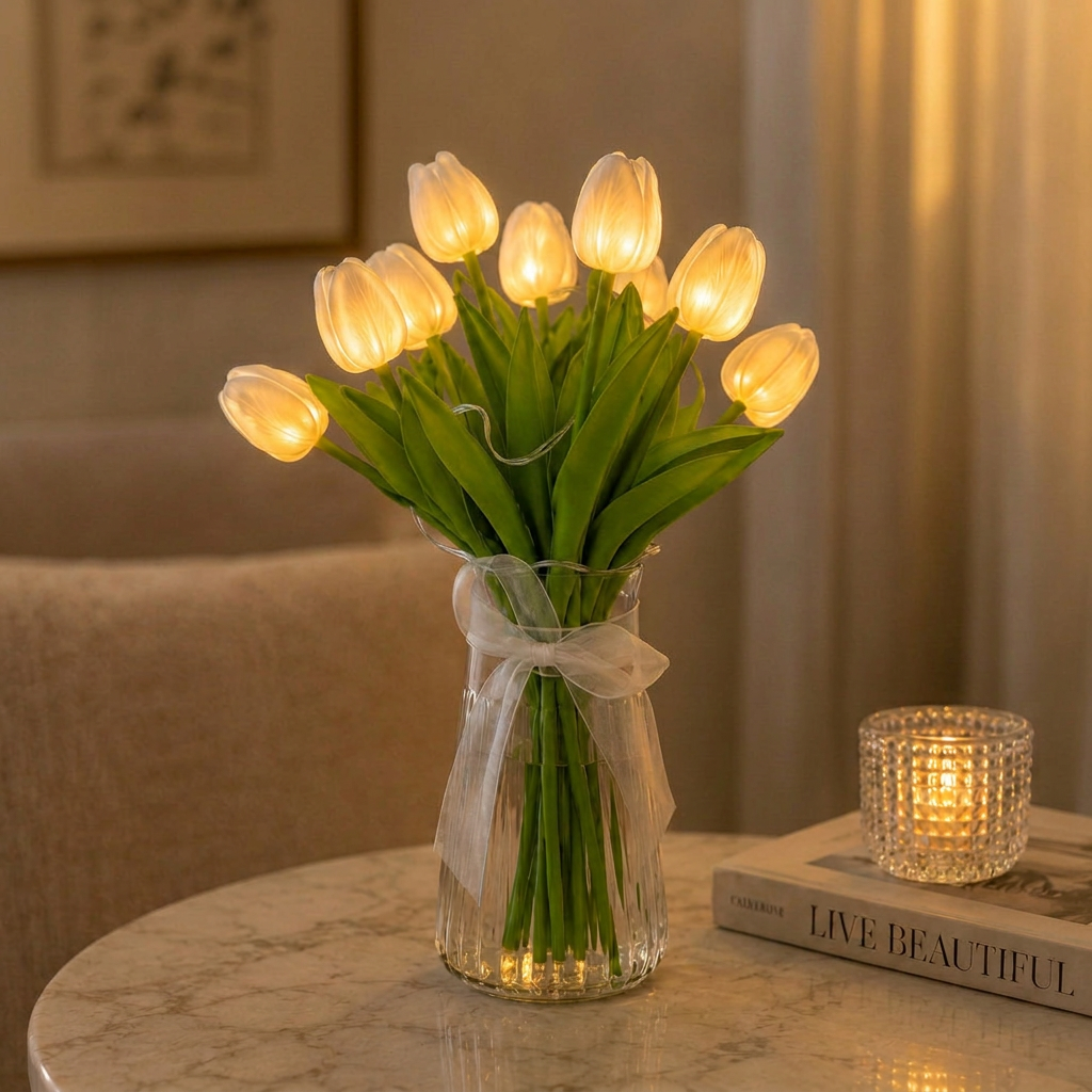 Tulumina | Faux Tulip Bouquet Light with Ribbed Glass Vase | Battery Powered Night Light