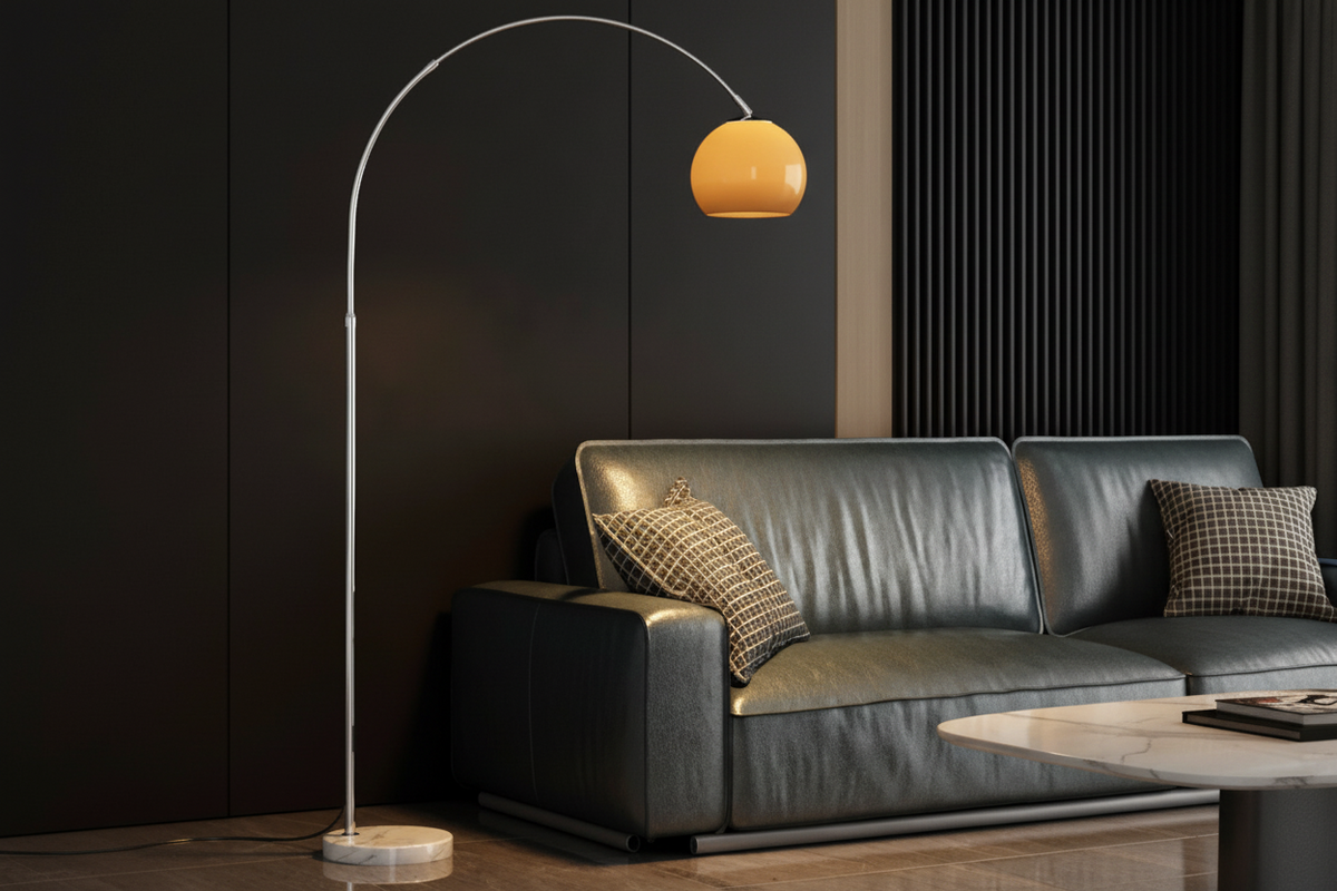 Chrome Arc Floor Lamp with Marble Base | Dimmable Mid-Century Light for Living Room