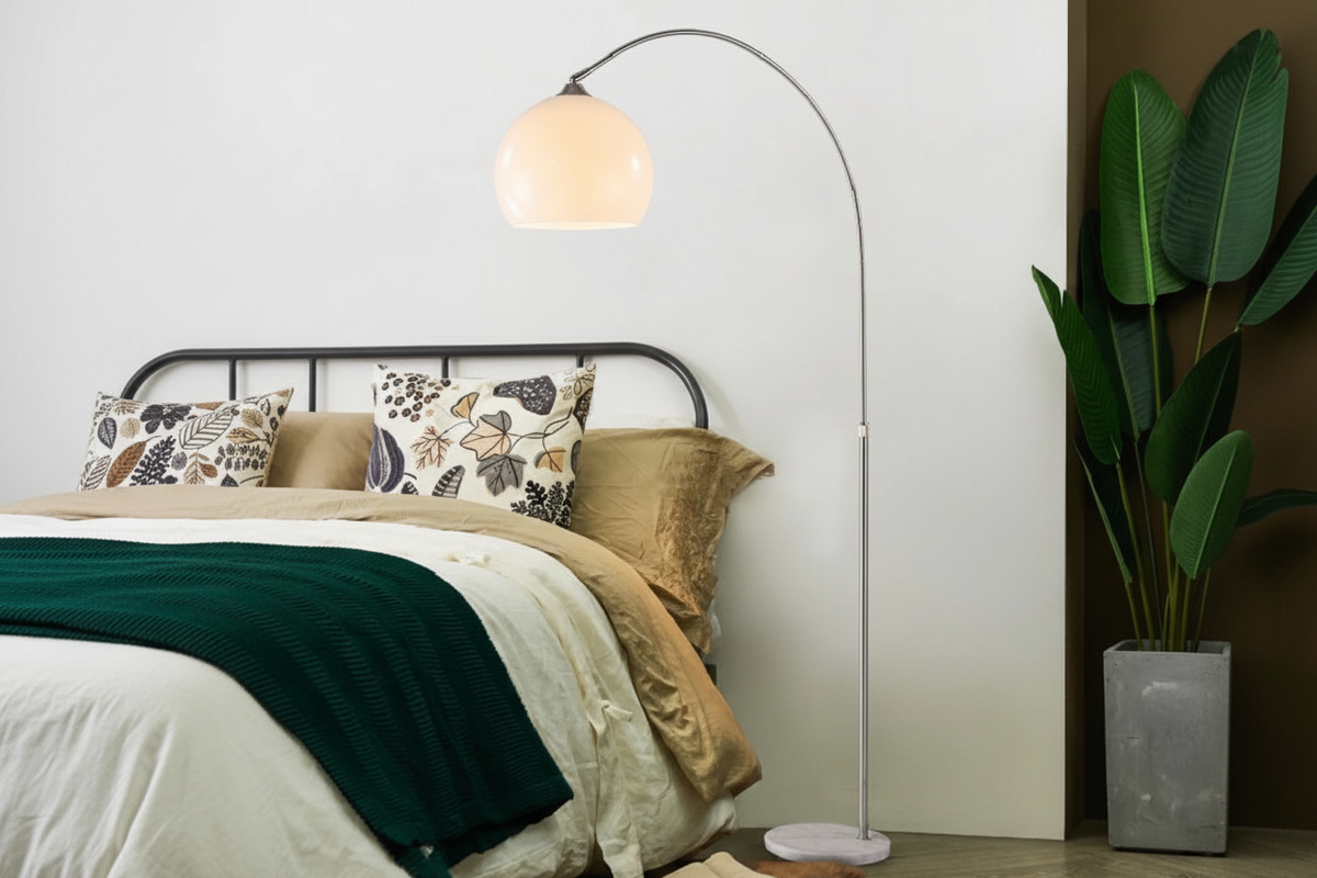 Chrome Arc Floor Lamp with Marble Base | Dimmable Mid-Century Light for Living Room