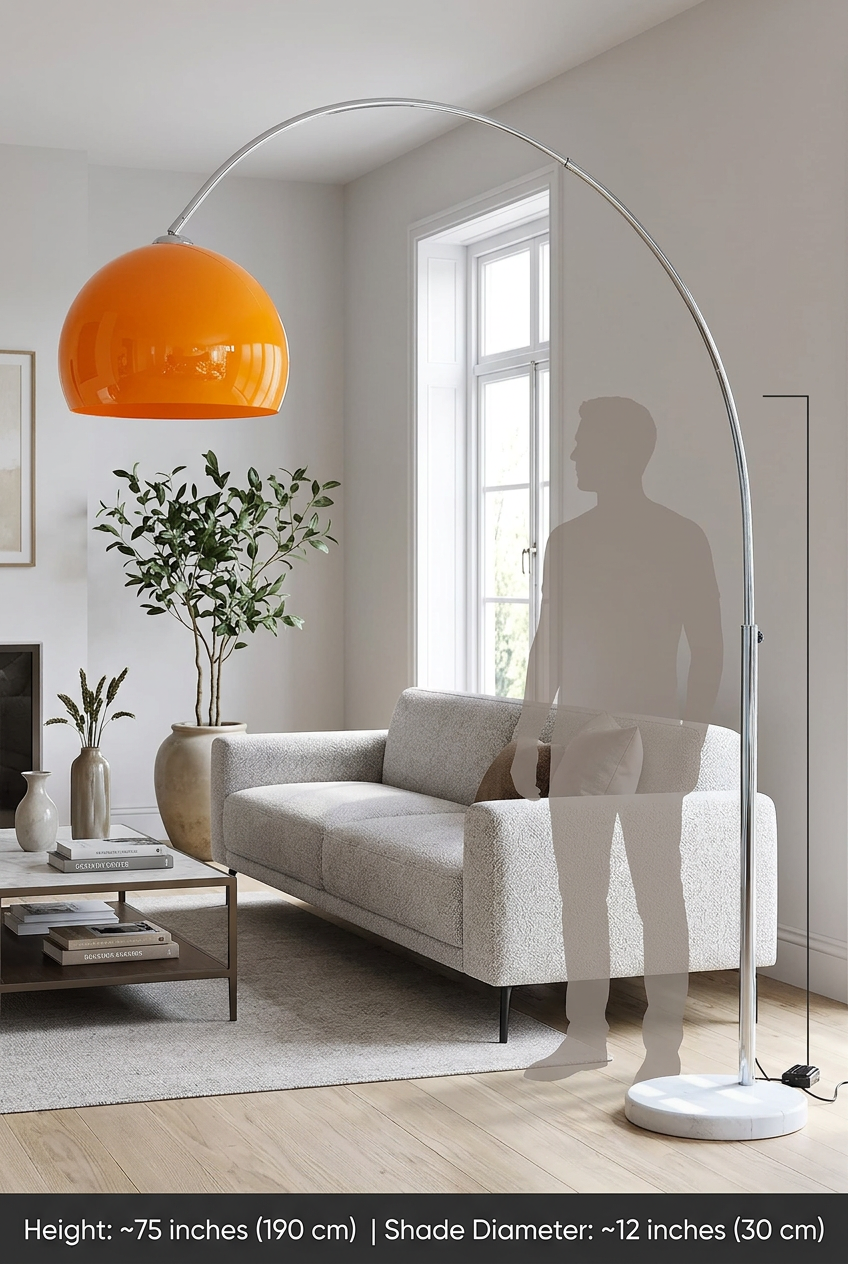 Chrome Arc Floor Lamp with Marble Base | Dimmable Mid-Century Light for Living Room