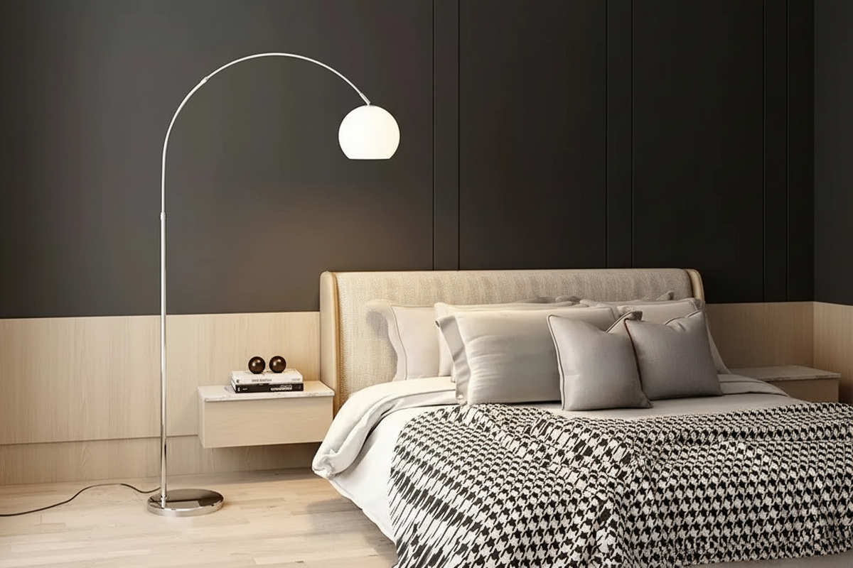 Chrome Arc Floor Lamp with Marble Base | Dimmable Mid-Century Light for Living Room