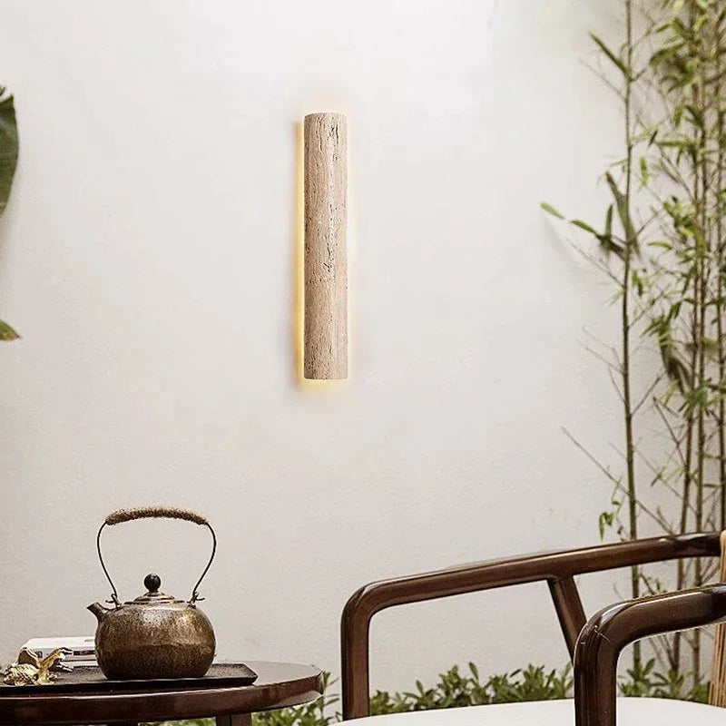 Natural Travertine Bar Wall Sconce with Integrated LED | Stone Light for Hallways
