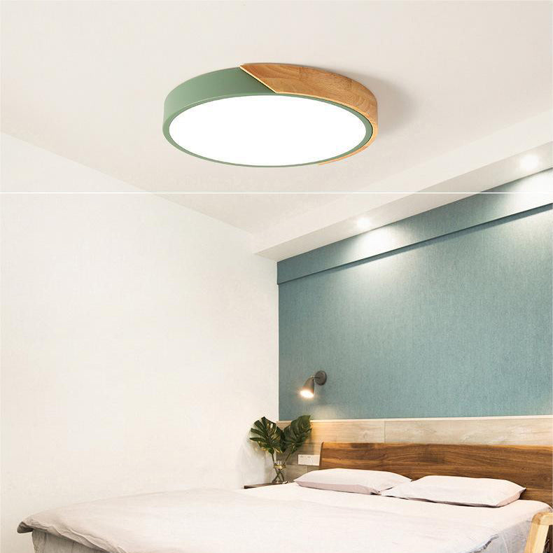 Nordic Wooden LED Ceiling Light Macaroon Round Flush Mount Lamp