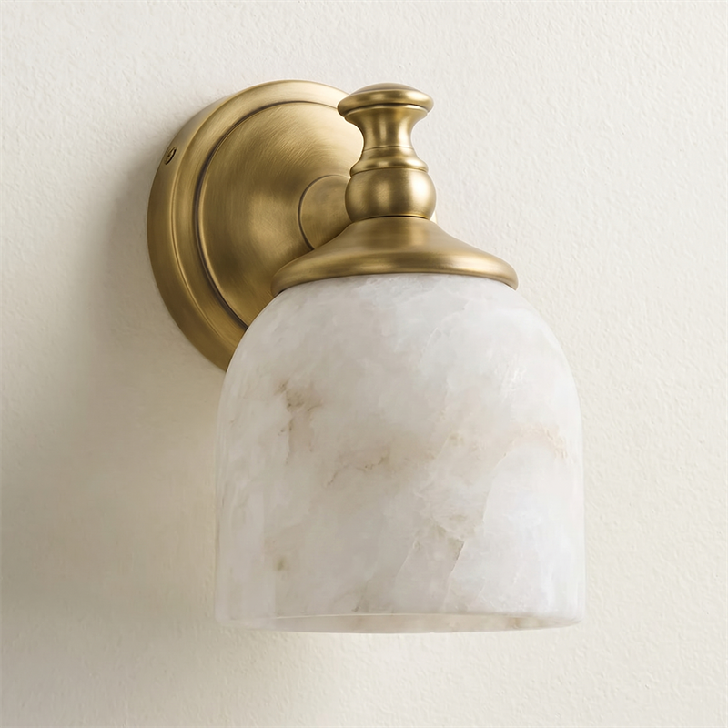 Vanity Glow Series | Brass Short Arm Wall Sconce with Milk Glass Dome for Bathroom
