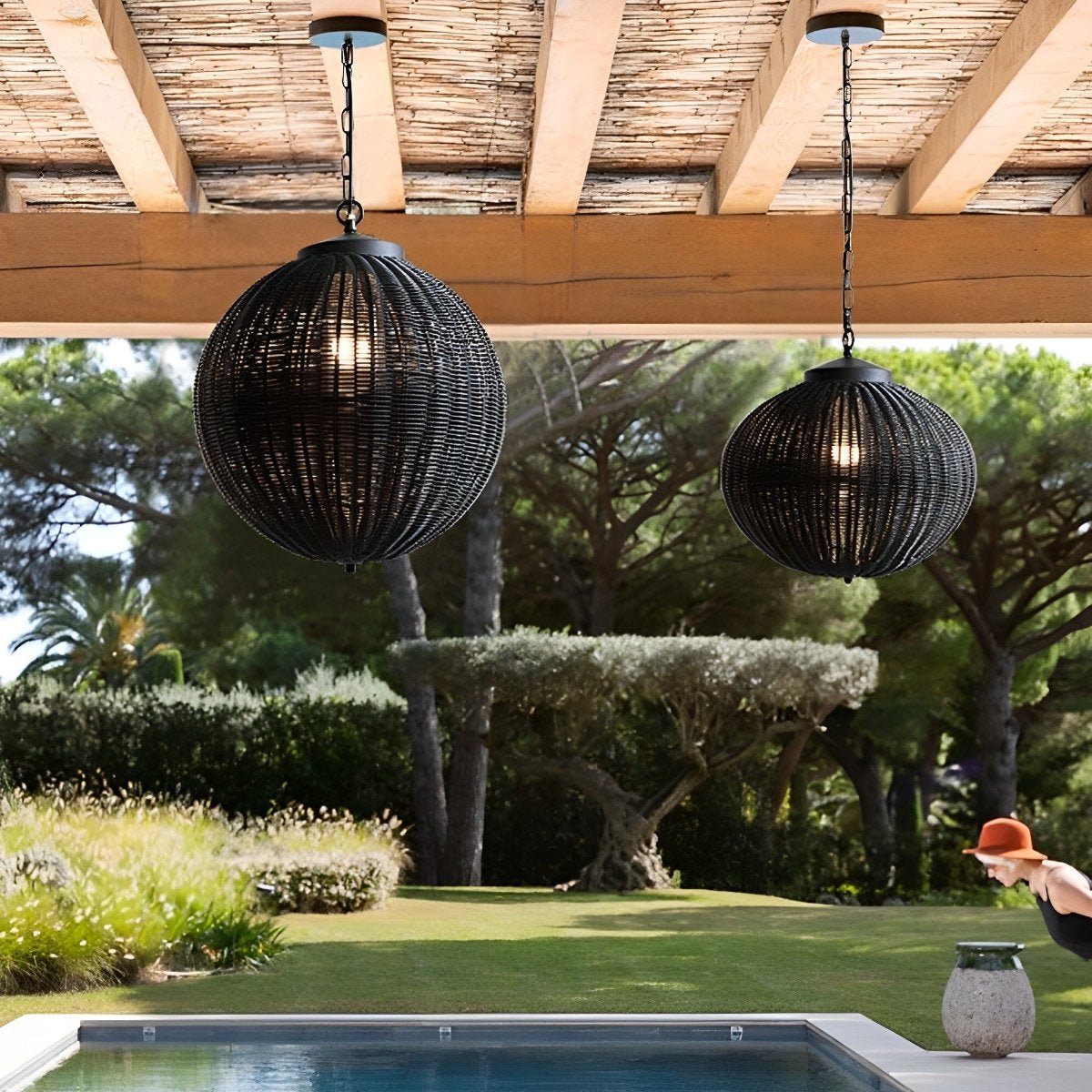 Retro Rattan Outdoor Pendant Light Waterproof Garden Chandelier