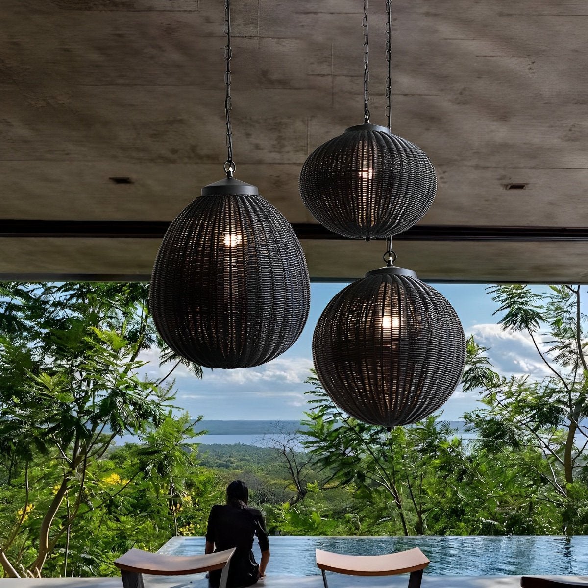 Retro Rattan Outdoor Pendant Light Waterproof Garden Chandelier