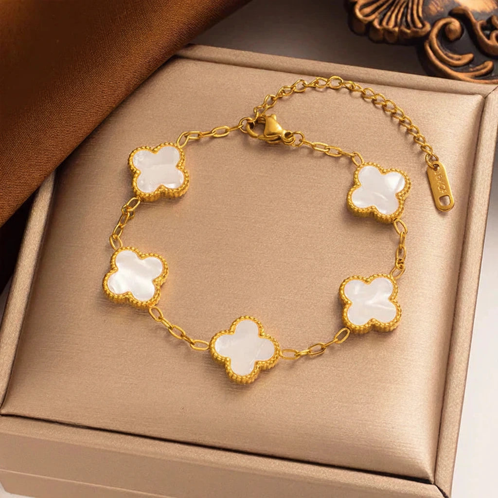 14K Gold Plated Clover Charm Bracelet Stainless Steel Flower Bracelet
